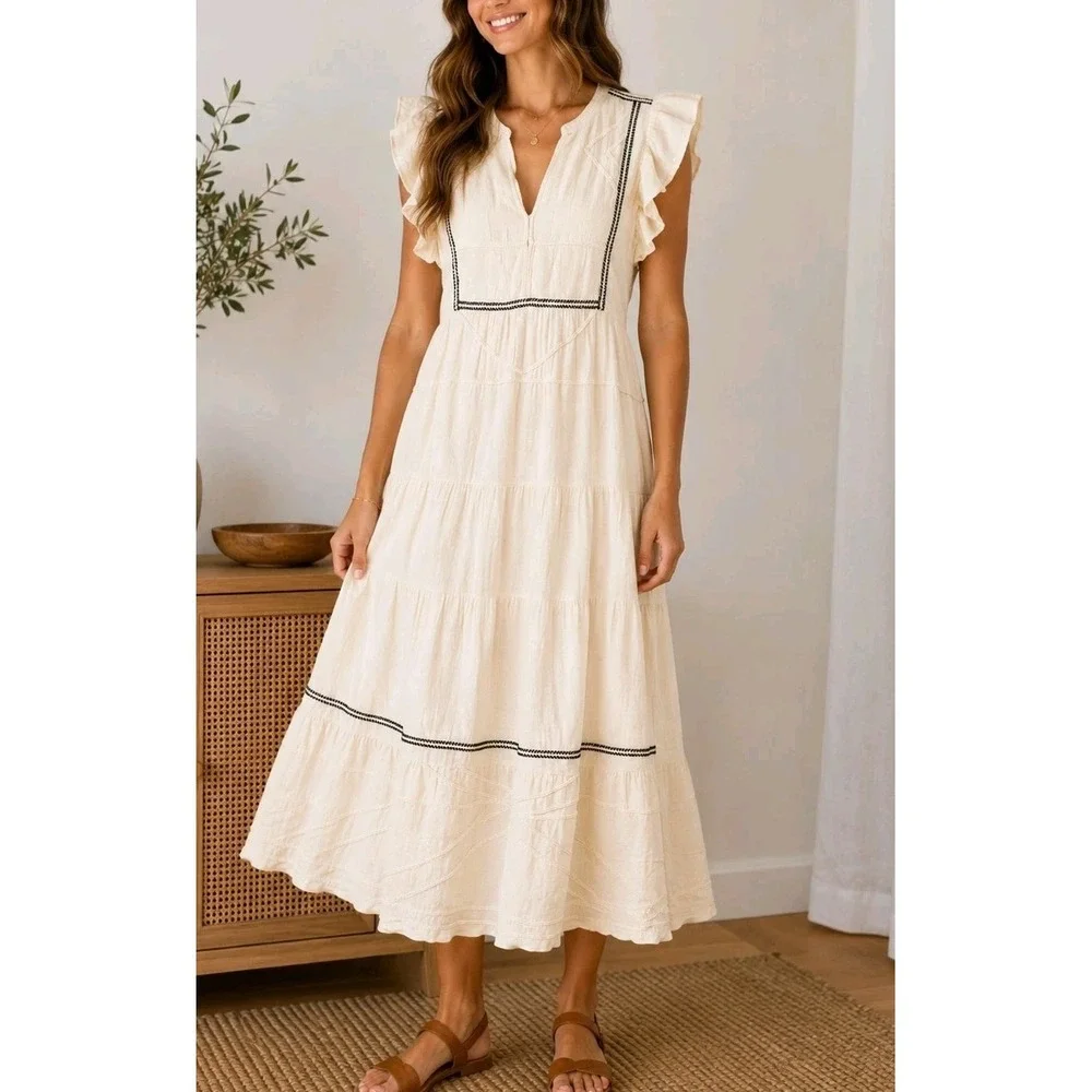 See‎ And Be Seen Cream Boho Midi Dress Women's Medium Ruffle Sleeve Cottagecore